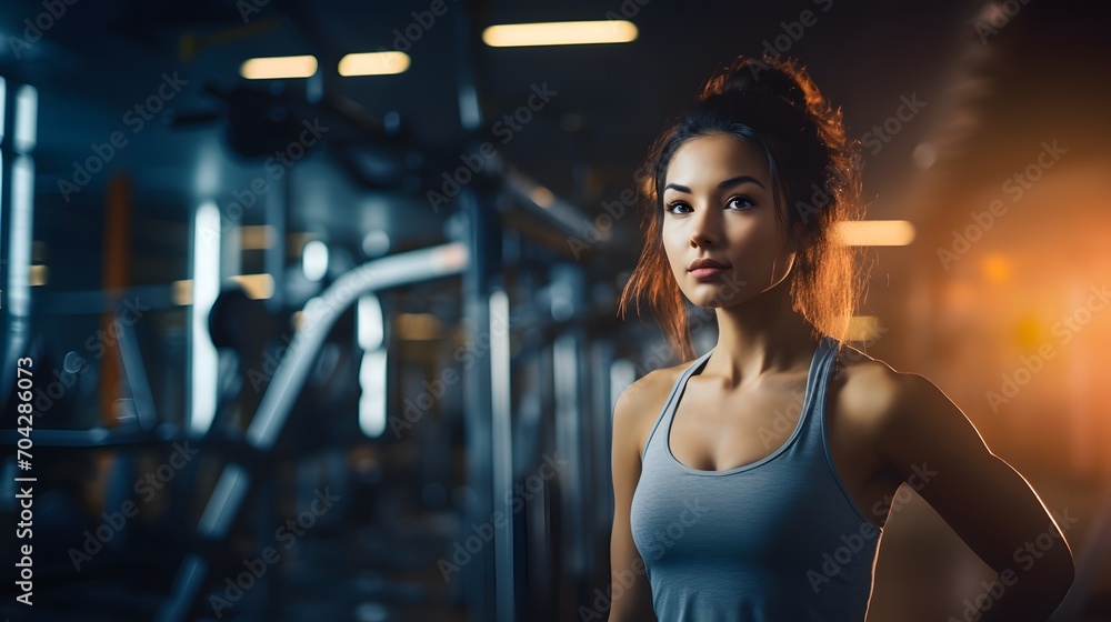 a girl wearing fitness outfit in gym and has blurry background a girl wearing fitness outfit in gym and has blurry background