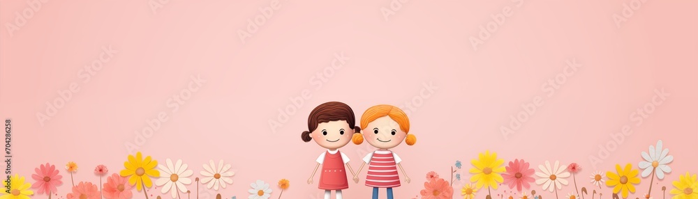 woman girls friends with hair and flowers,colorful banner woman girls friends with hair and flowers,colorful banner
