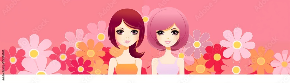 woman girls friends with hair and flowers,colorful banner woman girls friends with hair and flowers,colorful banner