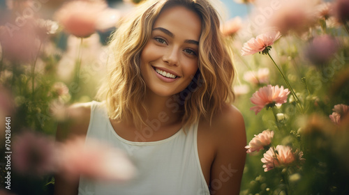 A woman's glowing skin and smile, with a backdrop of pastel-colored flowers in a garden, create a visually refreshing photo