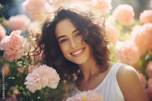 A woman's glowing skin and smile, with a backdrop of pastel-colored flowers in a garden, create a visually refreshing