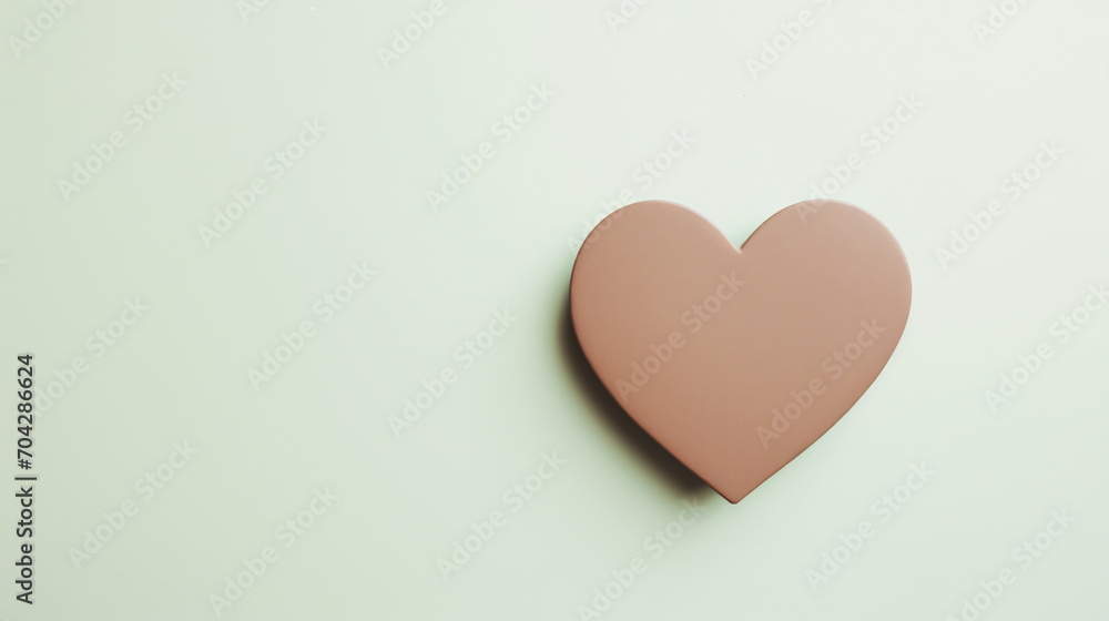 Mocha mousse brown heart on a pastel green background with copy space for text. Valentine in flat lay top view. Valentine's Day banner, greeting card, invitation, postcard, poster. Color of 2025 Mocha mousse brown heart on a pastel green background with copy space for text. Valentine in flat lay top view. Valentine's Day banner, greeting card, invitation, postcard, poster. Color of 2025