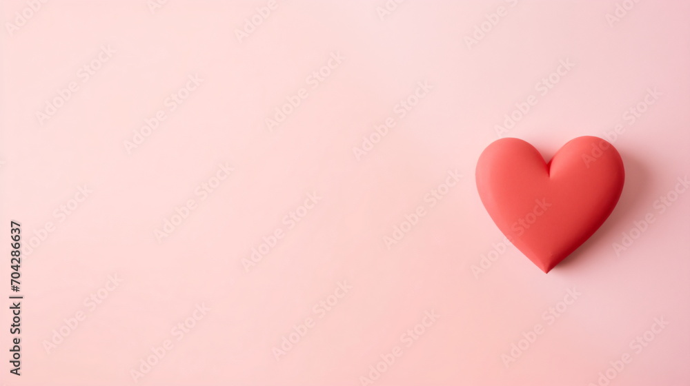 3D red heart on a pink pastel background. Flat lay with copy space for text. Valentine's day concept. Minimalistic design. For greeting card, invitation, poster, banner.