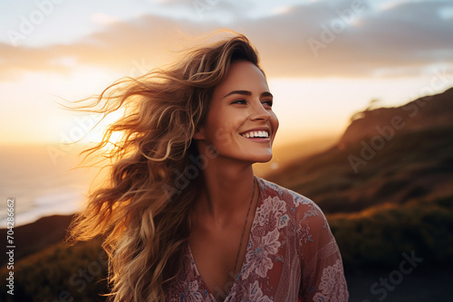A woman smiling radiantly as she delicately touches her flawless skin, set against a vibrant sunset with warm tones and a coastal backdrop
