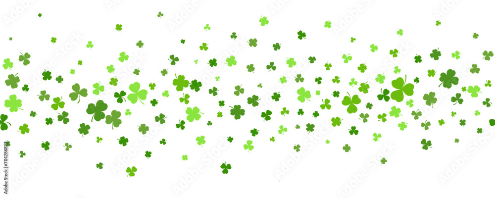 Shamrock clover background. St. Patrick day green leaves border. Celtic spring party design. Floral flying confetti for banner and poster. Vector - obrazy, fototapety, plakaty 