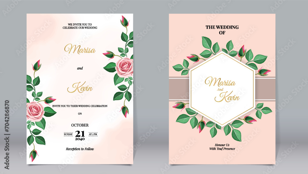 Luxury wedding invitation beautiful rose flowers and gold line polygons ...