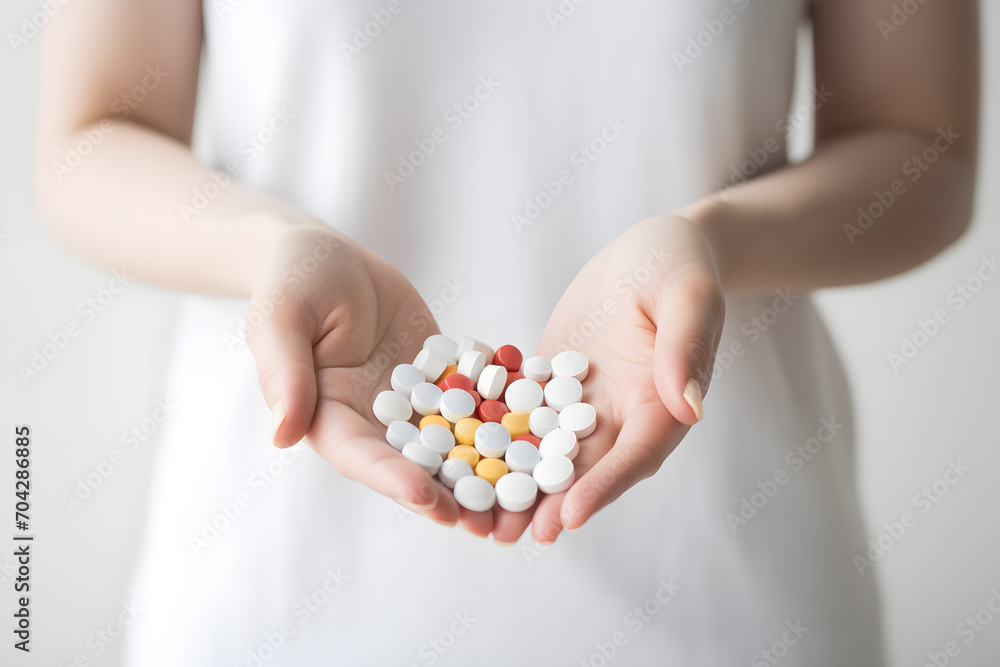 Woman hands with white pills Woman hands with white pills