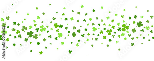 Shamrock clover background. St. Patrick day green leaves border. Celtic spring party design. Floral flying confetti for banner and poster. Vector photo