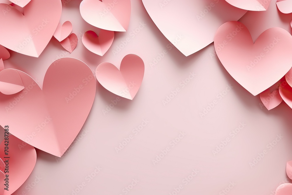 Romantic background, soft color paper hearts background, 3d render of valentine's day background with paper hearts, 3D Rendering big hearts shape and papers