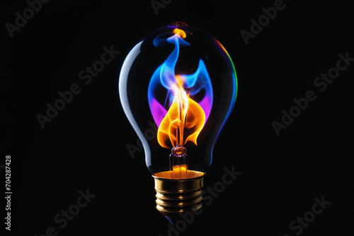 A lightbulb filled with colorful flames, pure black background