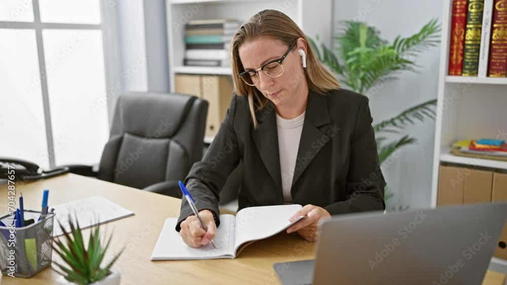 Young, blonde female office worker in a serious business meeting, taking notes with earphones on at workplace, concentrated & elegant during a professional success drive.