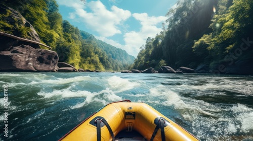 Rafting and boating on the river First person view on a rubber boat Ahead is a turbulent stream, photo