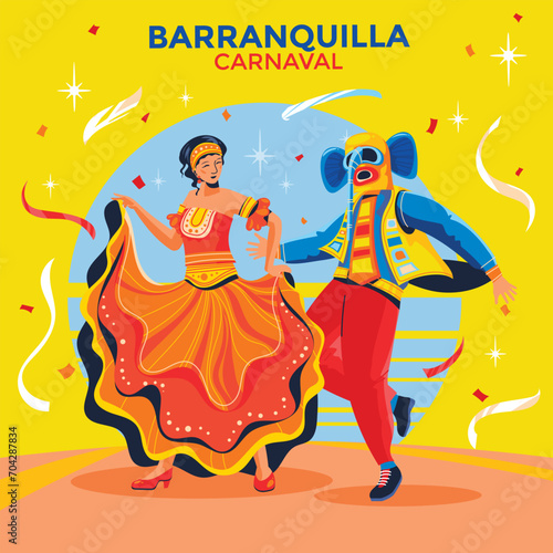Carnival dancers with colorful costumes performing in the parade in Barranquilla Carnival	