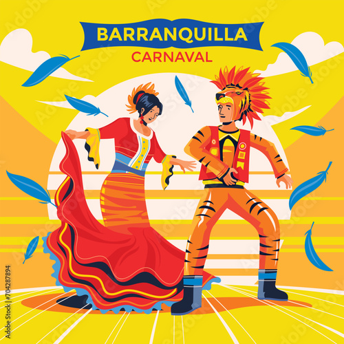 Carnival dancers with colorful costumes performing in the parade in Barranquilla Carnival