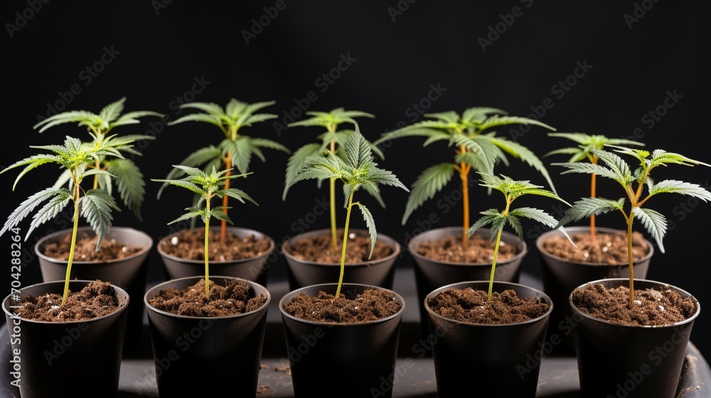 Small cannabis plants in pots against dark background Small cannabis plants in pots against dark background