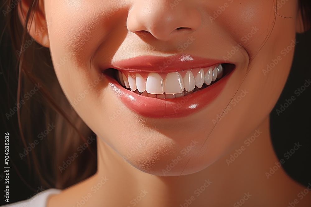 Fototapeta premium closeup of a healthy smile with perfect white teeth of a young woman in sunny day