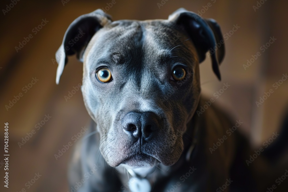 portrait of a adorable gray pitbull dog at home attentively looking at camera portrait of a adorable gray pitbull dog at home attentively looking at camera