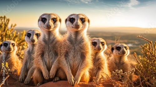 meerkat family in the savannah on a sunny day photo