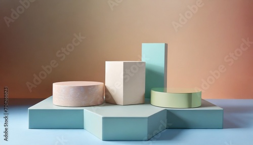 3D mockups featuring the pastel podium with placeholders for different products, illustrating its suitability for diverse industries and display items. photo