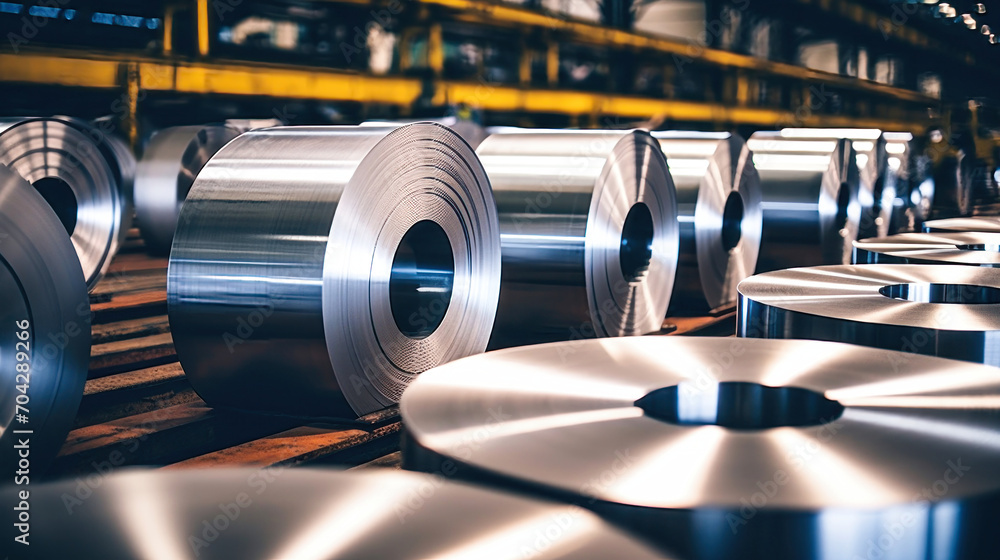 Galvanized steel rolls inside a factory or warehouse. Metallurgical production. Sheet metal for stamping. Selective focus. - obrazy, fototapety, plakaty 