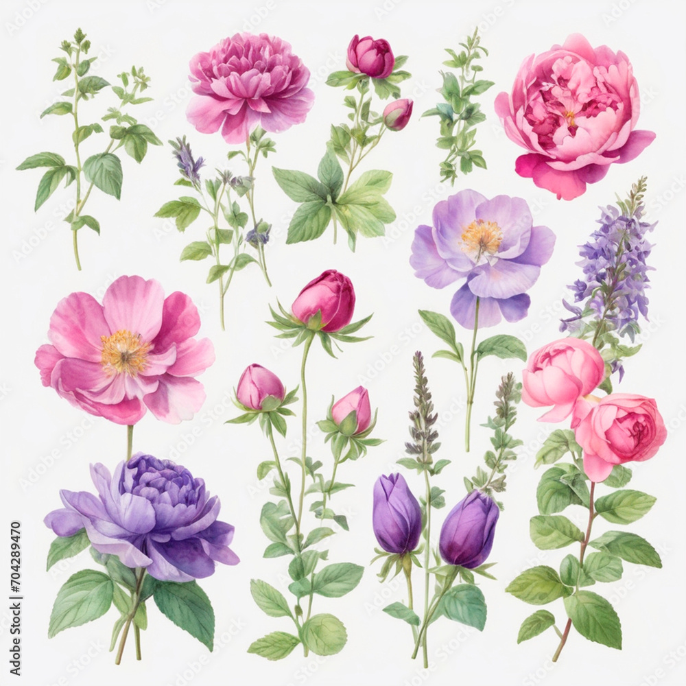 set of watercolor painted flowers set of watercolor painted flowers