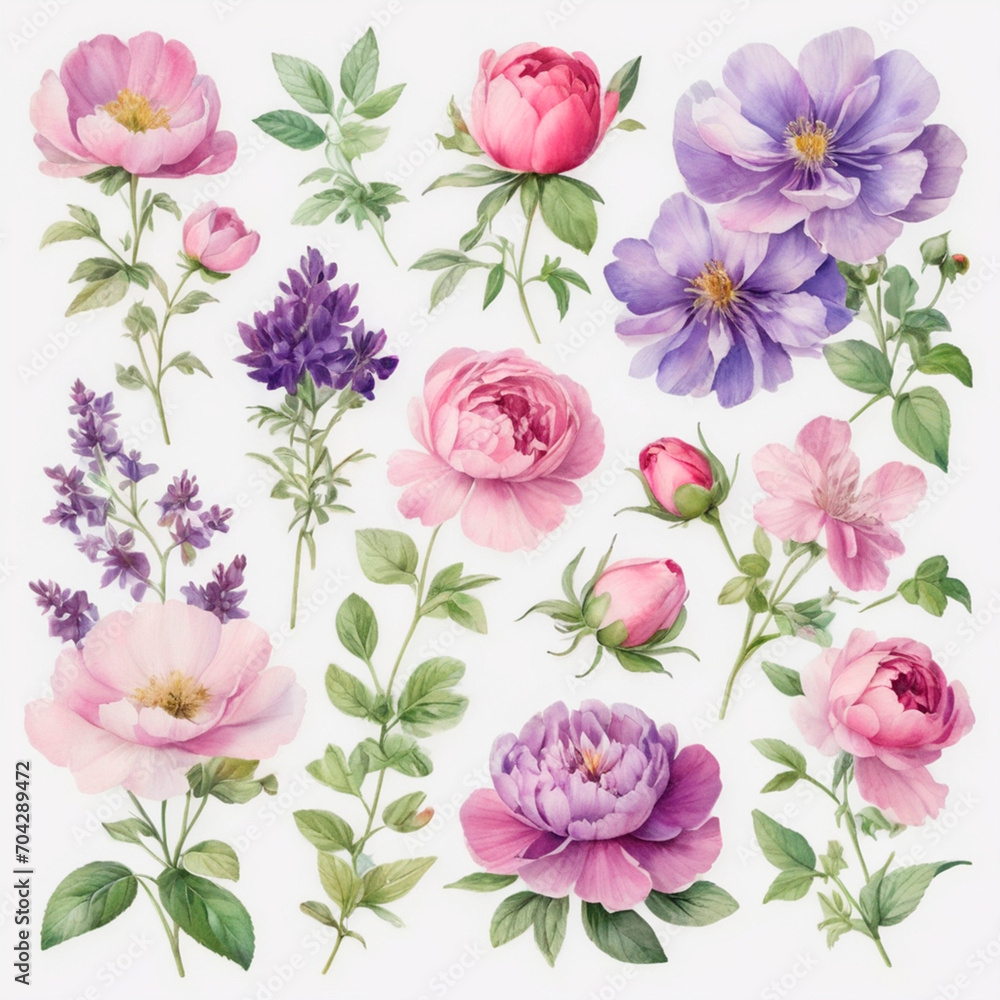 set of watercolor painted flowers set of watercolor painted flowers
