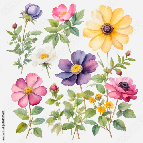 set of watercolor painted flowers