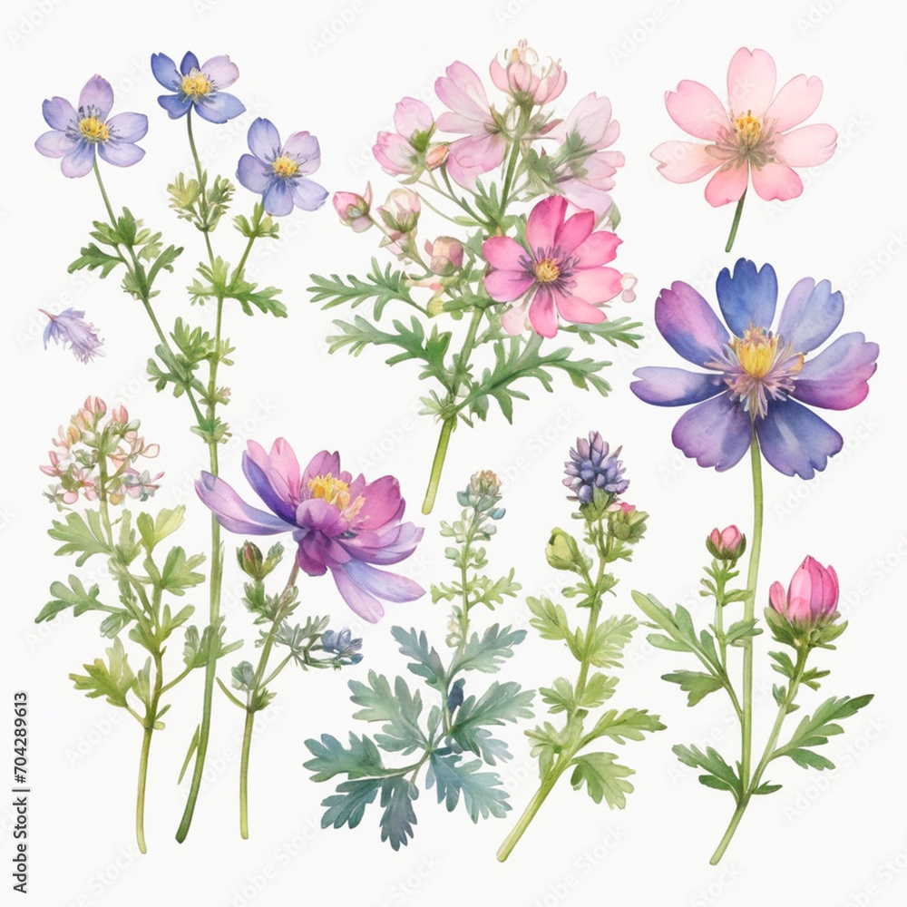 set of watercolor painted flowers