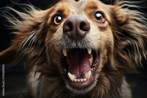 Portrait of a surprised  angry dog with an open mouth on a black background. Funny  humorous photo  meme