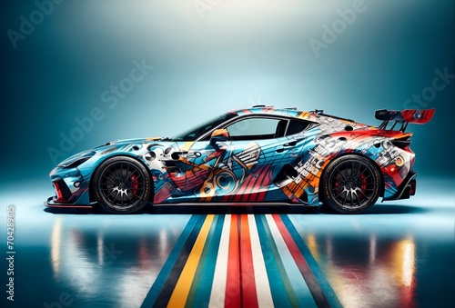 a sports car with a music-themed wrap