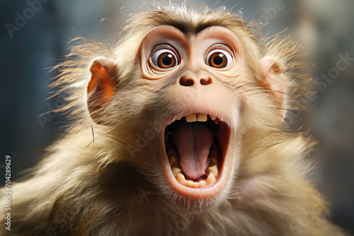 Close-up portrait of a surprised, shocking monkey with its mouth open. Humorous photo, meme photo