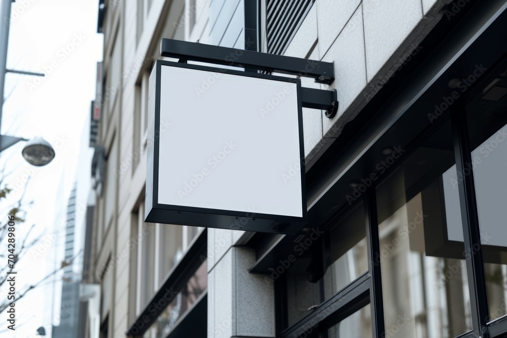 Blank White Square Store Signboard. Illuminated Lightbox on a Black Corrugated Wall. White empty outdoor business signage mock up to add company logo
Blank White Square Store Signboard. Illuminated Lightbox on a Black Corrugated Wall. White empty outdoor business signage mock up to add company logo