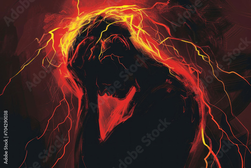 A person holds his head in pain, red and yellow flashes indicate the pain in his head and back, headache, healthcare