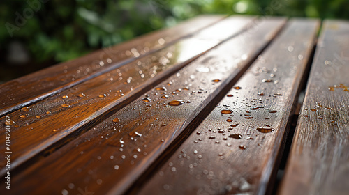 Cleaning garden furniture, wooden texture, bright, sunny day. 