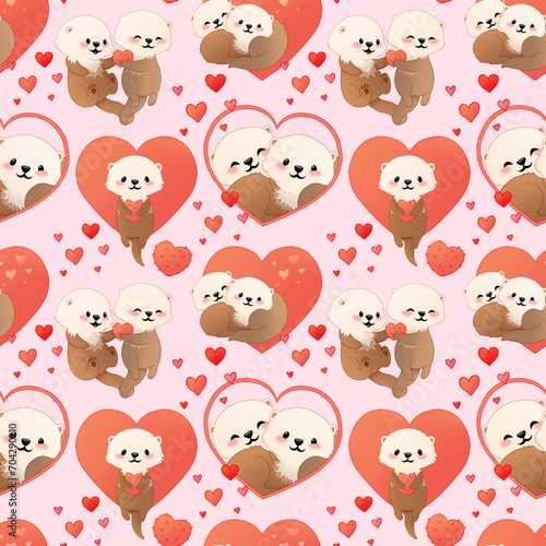 Cute cartoon otters in love. Valentine's day seamless pattern. Hand drawn art of loving couple
