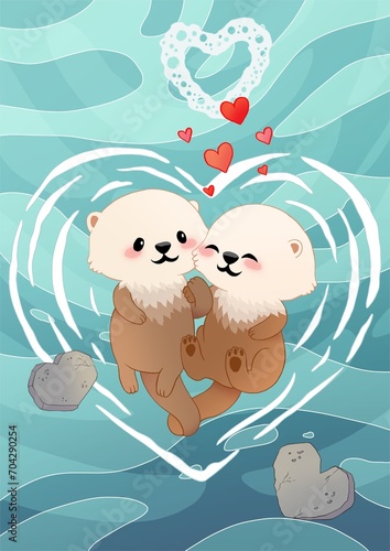 Cute cartoon couple of otters in love holding hands. Valentine's day illustration. Hand drawn art of loving couple. Sea, ocean background