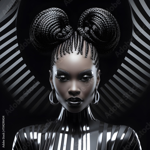 Art fashion portrait of beautiful African american woman wearing  Black and white striped futuristic costume. Fashion art studio portrait photo