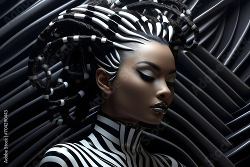 Art fashion portrait of beautiful African american woman wearing  Black and white striped futuristic costume. Fashion art studio portrait