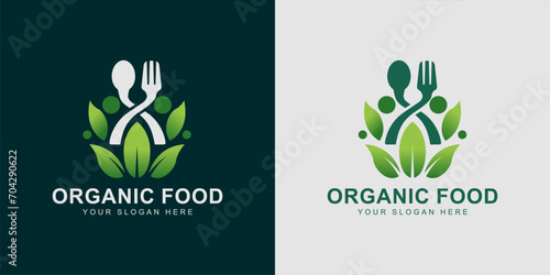 healthy food logo, emblem, sticker design with spoon,fork and leaf elements.