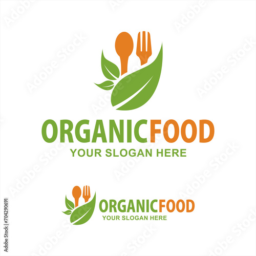 healthy food logo, emblem, sticker design with spoon,fork and leaf elements.
