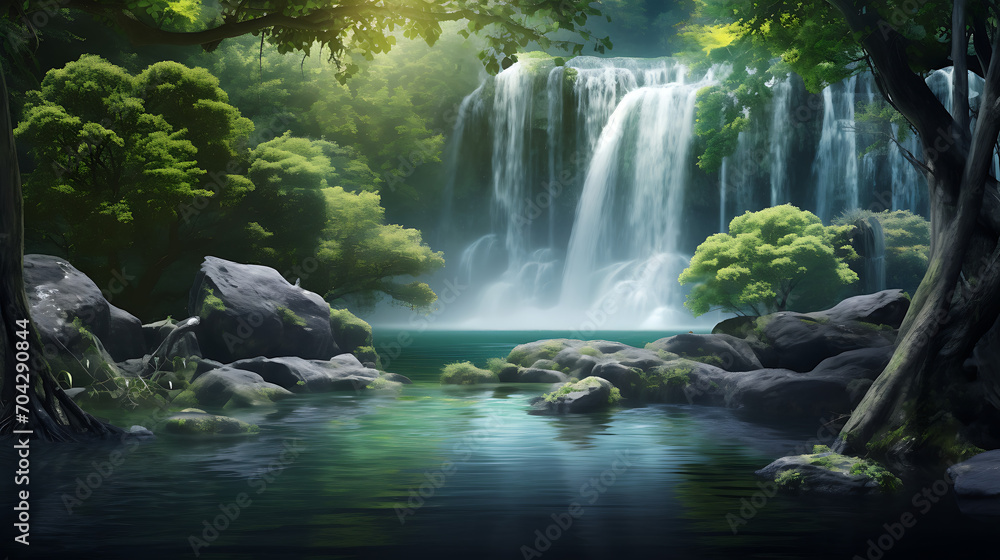 peaceful waterfall framed with trees and rocks, secluded, nature peaceful waterfall framed with trees and rocks, secluded, nature