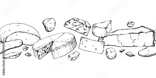 Hand drawn vector ink illustration. Assortment of cheese mozzarella parmesan edam emmental gruyere gorgonzola. Seamless border isolated on white. Restaurant menu, cafe, food shop package, flyer print.