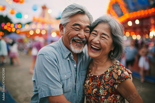 Happy retired asian senior couple  smiling in theme park. © milkyway