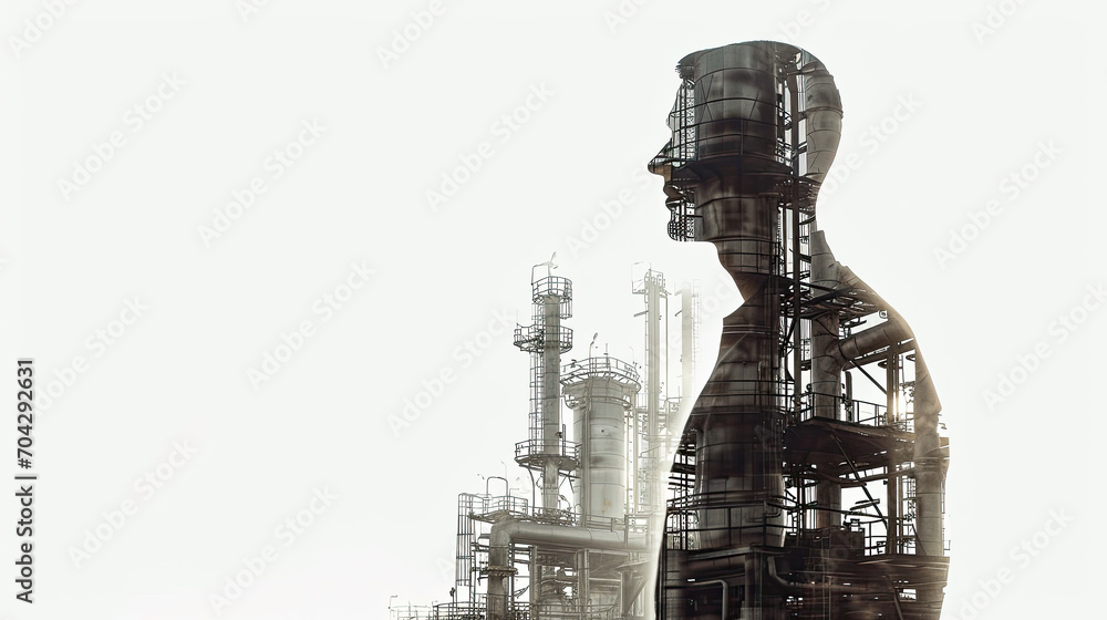 man full body silhouette with double exposure of Industrial plant silhouette, white background. Generative AI man full body silhouette with double exposure of Industrial plant silhouette, white background. Generative AI