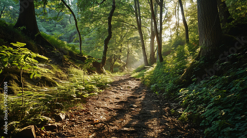 An image of a tranquil forest path, surrounded by lush greenery and dappled sunlight. photo