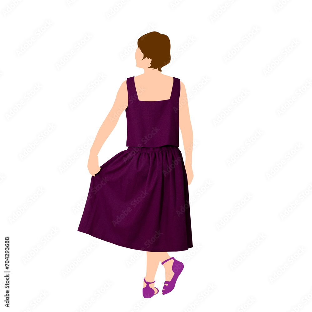 Illustration Asian woman wearing vintage print crop top and skirt.   