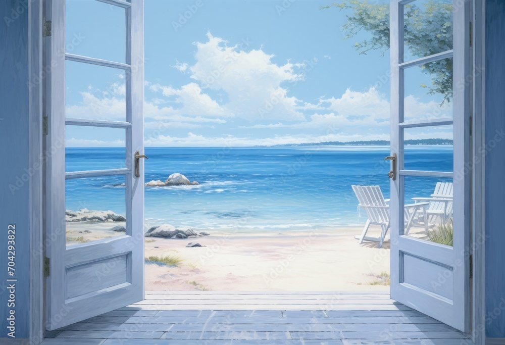 Spacious room with a large door offering a view of the paradise beach.
