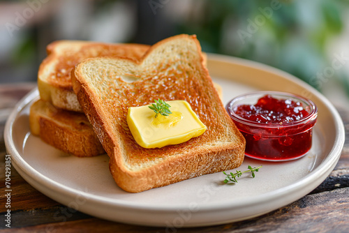 sweet breakfast toast with jam and butter on a plate