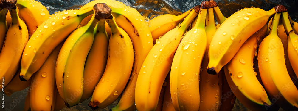 There are a lot of wet banana fruits. Selective focus. There are a lot of wet banana fruits. Selective focus.