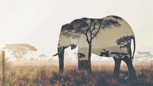 elephant full body side silhouette with double exposure of African savannah silhouette on white background. Generative AI photo